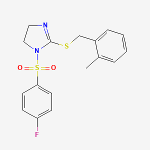 molecular formula C17H17FN2O2S2 B2874511 1-(4-Fluorophenyl)sulfonyl-2-[(2-methylphenyl)methylsulfanyl]-4,5-dihydroimidazole CAS No. 868217-22-5