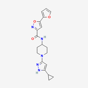 molecular formula C19H21N5O3 B2874512 N-(1-(5-cyclopropyl-1H-pyrazol-3-yl)piperidin-4-yl)-5-(furan-2-yl)isoxazole-3-carboxamide CAS No. 2034208-08-5