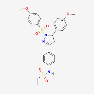 molecular formula C25H27N3O6S2 B2874531 N-[4-[3-(4-methoxyphenyl)-2-(4-methoxyphenyl)sulfonyl-3,4-dihydropyrazol-5-yl]phenyl]ethanesulfonamide CAS No. 851781-55-0