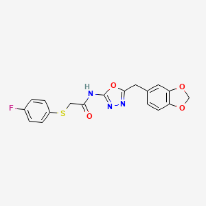 molecular formula C18H14FN3O4S B2874588 N-(5-(benzo[d][1,3]dioxol-5-ylmethyl)-1,3,4-oxadiazol-2-yl)-2-((4-fluorophenyl)thio)acetamide CAS No. 922123-39-5
