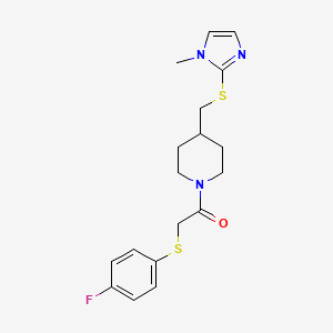 molecular formula C18H22FN3OS2 B2874604 2-((4-fluorophenyl)thio)-1-(4-(((1-methyl-1H-imidazol-2-yl)thio)methyl)piperidin-1-yl)ethanone CAS No. 1428357-06-5