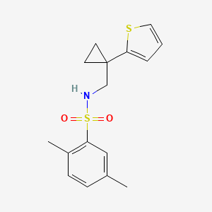 molecular formula C16H19NO2S2 B2874620 2,5-dimethyl-N-((1-(thiophen-2-yl)cyclopropyl)methyl)benzenesulfonamide CAS No. 1203036-50-3