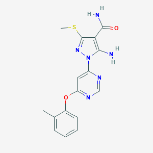 molecular formula C16H16N6O2S B287463 5-Amino-1-[6-(2-methylphenoxy)pyrimidin-4-yl]-3-methylsulfanylpyrazole-4-carboxamide 