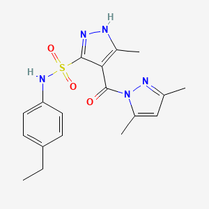 molecular formula C18H21N5O3S B2874665 4-(3,5-dimethyl-1H-pyrazole-1-carbonyl)-N-(4-ethylphenyl)-3-methyl-1H-pyrazole-5-sulfonamide CAS No. 1240217-52-0