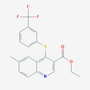 molecular formula C20H16F3NO2S B2874685 Ethyl 6-methyl-4-{[3-(trifluoromethyl)phenyl]sulfanyl}-3-quinolinecarboxylate CAS No. 477847-15-7