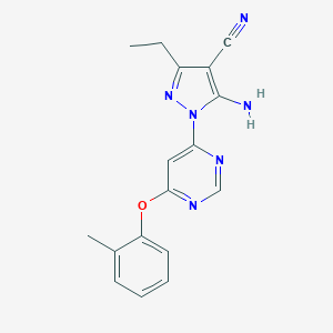 molecular formula C17H16N6O B287470 5-amino-3-ethyl-1-[6-(2-methylphenoxy)-4-pyrimidinyl]-1H-pyrazole-4-carbonitrile 