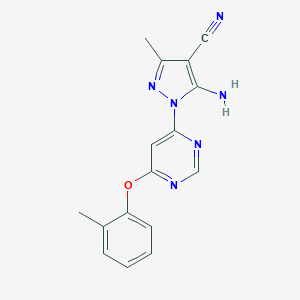molecular formula C16H14N6O B287471 5-amino-3-methyl-1-[6-(2-methylphenoxy)-4-pyrimidinyl]-1H-pyrazole-4-carbonitrile 