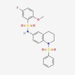 molecular formula C22H21FN2O5S2 B2874749 5-fluoro-2-methoxy-N-(1-(phenylsulfonyl)-1,2,3,4-tetrahydroquinolin-6-yl)benzenesulfonamide CAS No. 1172507-74-2