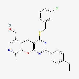 (7-{[(3-Chlorophenyl)methyl]sulfanyl}-5-(4-ethylphenyl)-14-methyl-2-oxa-4,6,13-triazatricyclo[8.4.0.0^{3,8}]tetradeca-1(10),3(8),4,6,11,13-hexaen-11-yl)methanol