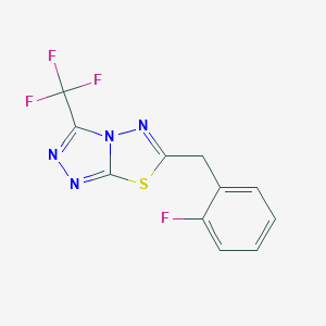 molecular formula C11H6F4N4S B287481 6-[(2-Fluorophenyl)methyl]-3-(trifluoromethyl)-[1,2,4]triazolo[3,4-b][1,3,4]thiadiazole 
