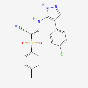 molecular formula C19H15ClN4O2S B2874828 (Z)-3-{[4-(4-chlorophenyl)-1H-pyrazol-5-yl]amino}-2-[(4-methylphenyl)sulfonyl]-2-propenenitrile CAS No. 1029989-13-6