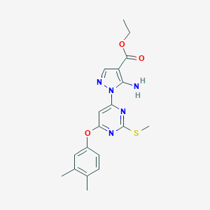 molecular formula C19H21N5O3S B287484 ethyl 5-amino-1-[6-(3,4-dimethylphenoxy)-2-(methylsulfanyl)-4-pyrimidinyl]-1H-pyrazole-4-carboxylate 