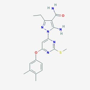 molecular formula C19H22N6O2S B287486 5-Amino-1-[6-(3,4-dimethylphenoxy)-2-methylsulfanylpyrimidin-4-yl]-3-ethylpyrazole-4-carboxamide 