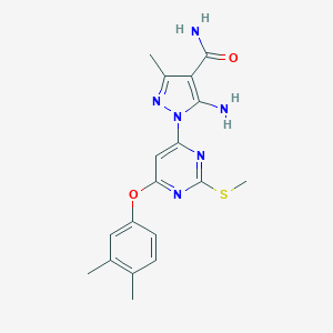 molecular formula C18H20N6O2S B287487 5-amino-1-[6-(3,4-dimethylphenoxy)-2-(methylsulfanyl)-4-pyrimidinyl]-3-methyl-1H-pyrazole-4-carboxamide 