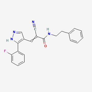 molecular formula C21H17FN4O B2874876 2-氰基-3-[3-(2-氟苯基)-1H-吡唑-4-基]-N-(2-苯乙基)丙-2-烯酰胺 CAS No. 1445758-47-3
