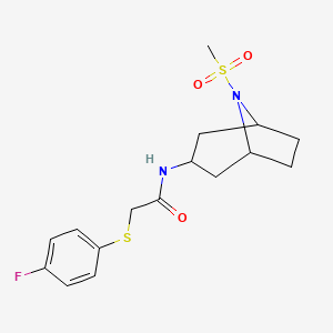 molecular formula C16H21FN2O3S2 B2874915 2-((4-氟苯基)硫代)-N-(8-(甲磺酰基)-8-氮杂双环[3.2.1]辛烷-3-基)乙酰胺 CAS No. 2034426-75-8