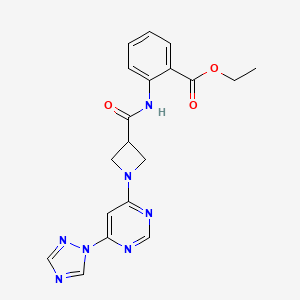 molecular formula C19H19N7O3 B2874950 ethyl 2-(1-(6-(1H-1,2,4-triazol-1-yl)pyrimidin-4-yl)azetidine-3-carboxamido)benzoate CAS No. 2034230-72-1