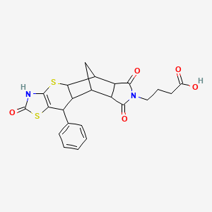 molecular formula C23H22N2O5S2 B2874960 4-(2,6,8-trioxo-10-phenyl-3,4a,5,5a,6,8,8a,9,9a,10-decahydro-5,9-methano[1,3]thiazolo[5',4':5,6]thiopyrano[2,3-f]isoindol-7(2H)-yl)butanoic acid CAS No. 1177971-14-0
