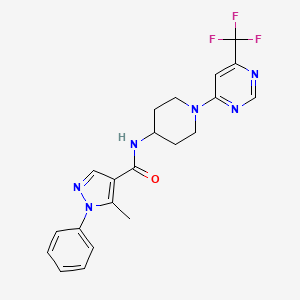 molecular formula C21H21F3N6O B2874984 5-methyl-1-phenyl-N-(1-(6-(trifluoromethyl)pyrimidin-4-yl)piperidin-4-yl)-1H-pyrazole-4-carboxamide CAS No. 2034347-89-0
