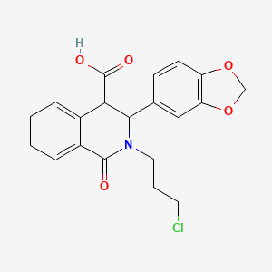 molecular formula C20H18ClNO5 B2875036 3-(1,3-Benzodioxol-5-yl)-2-(3-chloropropyl)-1-oxo-1,2,3,4-tetrahydro-4-isoquinolinecarboxylic acid CAS No. 385383-35-7