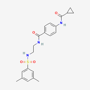 molecular formula C21H25N3O4S B2875046 4-(环丙烷甲酰胺)-N-(2-(3,5-二甲苯磺酰胺)乙基)苯甲酰胺 CAS No. 1091472-19-3