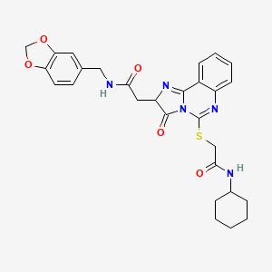 molecular formula C28H29N5O5S B2875052 2-[(2-{2-[(1,3-benzodioxol-5-ylmethyl)amino]-2-oxoethyl}-3-oxo-2,3-dihydroimidazo[1,2-c]quinazolin-5-yl)thio]-N-cyclohexylacetamide CAS No. 1173734-35-4