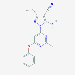 molecular formula C17H16N6O B287506 5-amino-3-ethyl-1-(2-methyl-6-phenoxy-4-pyrimidinyl)-1H-pyrazole-4-carbonitrile 