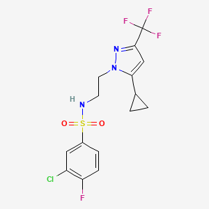 molecular formula C15H14ClF4N3O2S B2875105 3-chloro-N-(2-(5-cyclopropyl-3-(trifluoromethyl)-1H-pyrazol-1-yl)ethyl)-4-fluorobenzenesulfonamide CAS No. 1797260-78-6