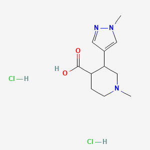 molecular formula C11H19Cl2N3O2 B2875159 1-Methyl-3-(1-methylpyrazol-4-yl)piperidine-4-carboxylic acid;dihydrochloride CAS No. 2127056-20-4