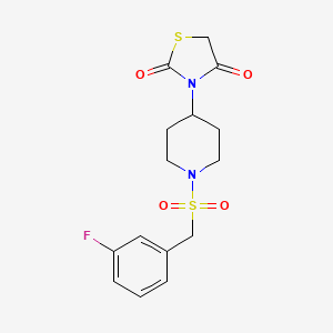 molecular formula C15H17FN2O4S2 B2875201 3-(1-((3-Fluorobenzyl)sulfonyl)piperidin-4-yl)thiazolidine-2,4-dione CAS No. 2309797-15-5