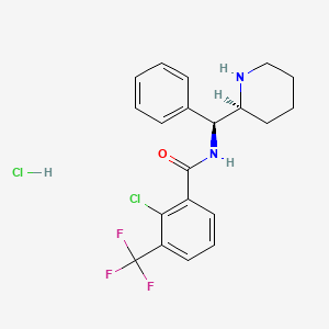 molecular formula C20H21Cl2F3N2O B2875268 2-氯-N-[(S)-苯基-[(2S)-哌啶-2-基]甲基]-3-(三氟甲基)苯甲酰胺;盐酸盐 CAS No. 615571-23-8