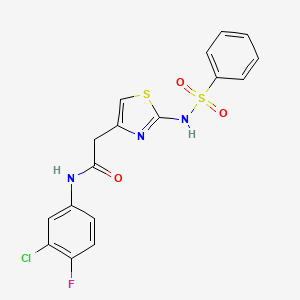 molecular formula C17H13ClFN3O3S2 B2875275 N-(3-chloro-4-fluorophenyl)-2-(2-(phenylsulfonamido)thiazol-4-yl)acetamide CAS No. 922026-08-2