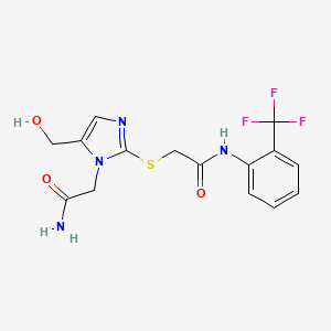 molecular formula C15H15F3N4O3S B2875306 2-((1-(2-amino-2-oxoethyl)-5-(hydroxymethyl)-1H-imidazol-2-yl)thio)-N-(2-(trifluoromethyl)phenyl)acetamide CAS No. 921885-82-7