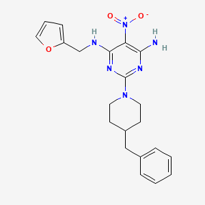 molecular formula C21H24N6O3 B2875308 {6-Amino-5-nitro-2-[4-benzylpiperidyl]pyrimidin-4-yl}(2-furylmethyl)amine CAS No. 836641-35-1