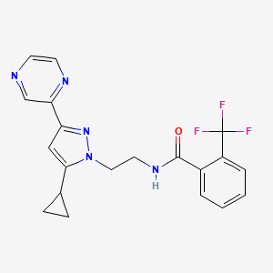 molecular formula C20H18F3N5O B2875351 N-(2-(5-cyclopropyl-3-(pyrazin-2-yl)-1H-pyrazol-1-yl)ethyl)-2-(trifluoromethyl)benzamide CAS No. 2034601-12-0