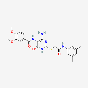 molecular formula C23H25N5O5S B2875356 N-(4-amino-2-((2-((3,5-dimethylphenyl)amino)-2-oxoethyl)thio)-6-oxo-1,6-dihydropyrimidin-5-yl)-3,4-dimethoxybenzamide CAS No. 868226-98-6