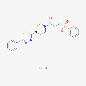 molecular formula C22H25ClN4O3S2 B2875367 1-(4-(5-苯基-6H-1,3,4-噻二嗪-2-基)哌嗪-1-基)-3-(苯磺酰基)丙-1-酮盐酸盐 CAS No. 1351615-98-9