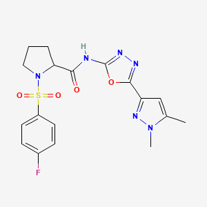 molecular formula C18H19FN6O4S B2875460 N-(5-(1,5-dimethyl-1H-pyrazol-3-yl)-1,3,4-oxadiazol-2-yl)-1-((4-fluorophenyl)sulfonyl)pyrrolidine-2-carboxamide CAS No. 1105056-60-7