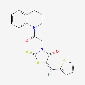 molecular formula C19H16N2O2S3 B2875549 (E)-3-(2-(3,4-dihydroquinolin-1(2H)-yl)-2-oxoethyl)-5-(thiophen-2-ylmethylene)-2-thioxothiazolidin-4-one CAS No. 637317-85-2