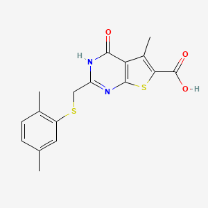 molecular formula C17H16N2O3S2 B2875614 2-{[(2,5-dimethylphenyl)sulfanyl]methyl}-5-methyl-4-oxo-3H,4H-thieno[2,3-d]pyrimidine-6-carboxylic acid CAS No. 775315-04-3