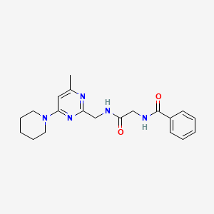 molecular formula C20H25N5O2 B2875750 N-(2-(((4-methyl-6-(piperidin-1-yl)pyrimidin-2-yl)methyl)amino)-2-oxoethyl)benzamide CAS No. 1797249-18-3