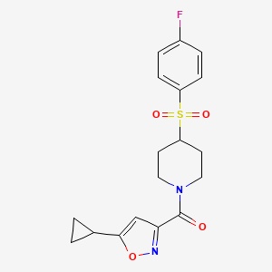 molecular formula C18H19FN2O4S B2875777 (5-Cyclopropylisoxazol-3-yl)(4-((4-fluorophenyl)sulfonyl)piperidin-1-yl)methanone CAS No. 1797687-14-9