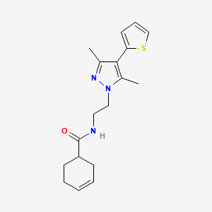 molecular formula C18H23N3OS B2875784 N-(2-(3,5-二甲基-4-(噻吩-2-基)-1H-吡唑-1-基)乙基)环己-3-烯甲酰胺 CAS No. 2034356-03-9