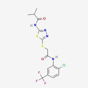 molecular formula C15H14ClF3N4O2S2 B2875786 N-(5-((2-((2-chloro-5-(trifluoromethyl)phenyl)amino)-2-oxoethyl)thio)-1,3,4-thiadiazol-2-yl)isobutyramide CAS No. 392298-86-1