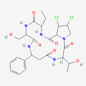 molecular formula C25H33Cl2N5O7 B2875808 17,18-Dichloro-13-ethyl-3-(1-hydroxyethyl)-10-(hydroxymethyl)-7-phenyl-1,4,8,11,14-pentazabicyclo[14.3.0]nonadecane-2,5,9,12,15-pentone CAS No. 151201-75-1