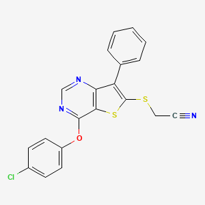 molecular formula C20H12ClN3OS2 B2875834 2-{[4-(4-Chlorophenoxy)-7-phenylthieno[3,2-d]pyrimidin-6-yl]sulfanyl}acetonitrile CAS No. 477857-62-8