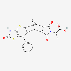 molecular formula C22H20N2O5S2 B2875847 2-((4aR,5R,5aR,8aR,9S)-2,6,8-trioxo-10-phenyl-2,3,4a,5,5a,6,8a,9,9a,10-decahydro-5,9-methanothiazolo[5',4':5,6]thiopyrano[2,3-f]isoindol-7(8H)-yl)propanoic acid CAS No. 1025062-88-7