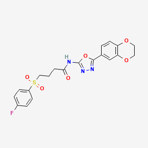 molecular formula C20H18FN3O6S B2875856 N-(5-(2,3-dihydrobenzo[b][1,4]dioxin-6-yl)-1,3,4-oxadiazol-2-yl)-4-((4-fluorophenyl)sulfonyl)butanamide CAS No. 941950-92-1