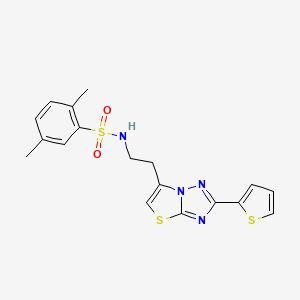 molecular formula C18H18N4O2S3 B2875921 2,5-dimethyl-N-(2-(2-(thiophen-2-yl)thiazolo[3,2-b][1,2,4]triazol-6-yl)ethyl)benzenesulfonamide CAS No. 946206-22-0