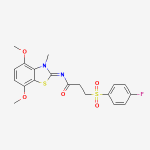 molecular formula C19H19FN2O5S2 B2875934 (E)-N-(4,7-二甲氧基-3-甲基苯并[d]噻唑-2(3H)-亚甲基)-3-((4-氟苯基)磺酰基)丙酰胺 CAS No. 898405-78-2
